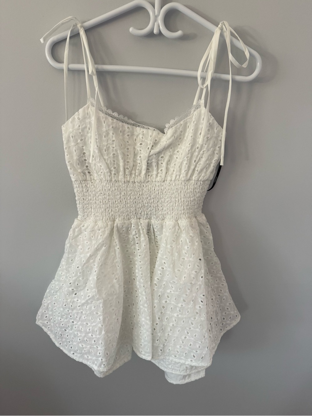 Forever 21 White Eyelet Tie-Shoulder Smocked Peplum Camisole